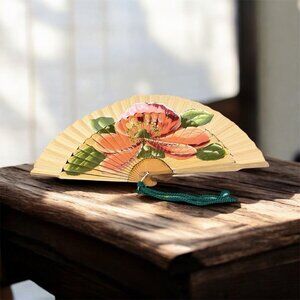 Hand painted Wooden Folding Fan W/ Lg Flower Asian/Spanish Name Abanico